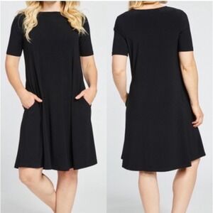 Sympli Black Jersey Knit Trapeze Dress Short Sleeve Pockets Size 2